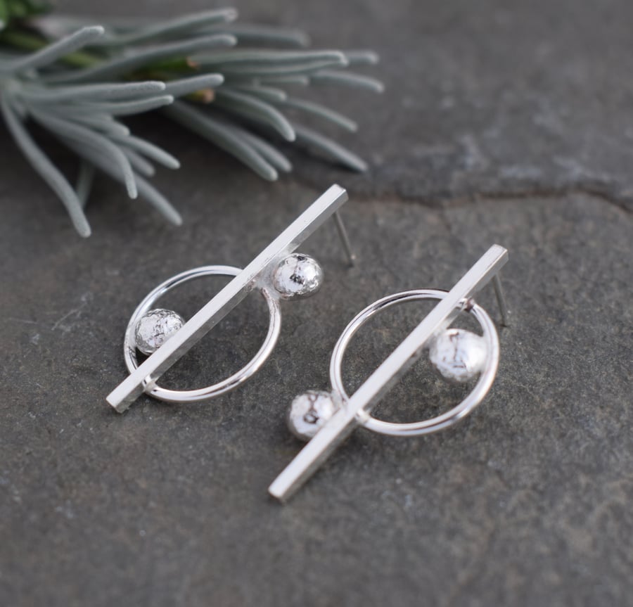 Geometric Sterling Silver Stud Earrings - Contemporary Asymmetric Jewellery
