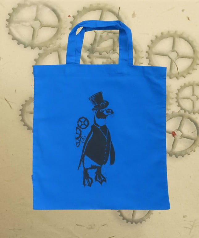 Steampunk Penguin Tote Bag Animal Linocut Hand Printed Blue Shopping Bag