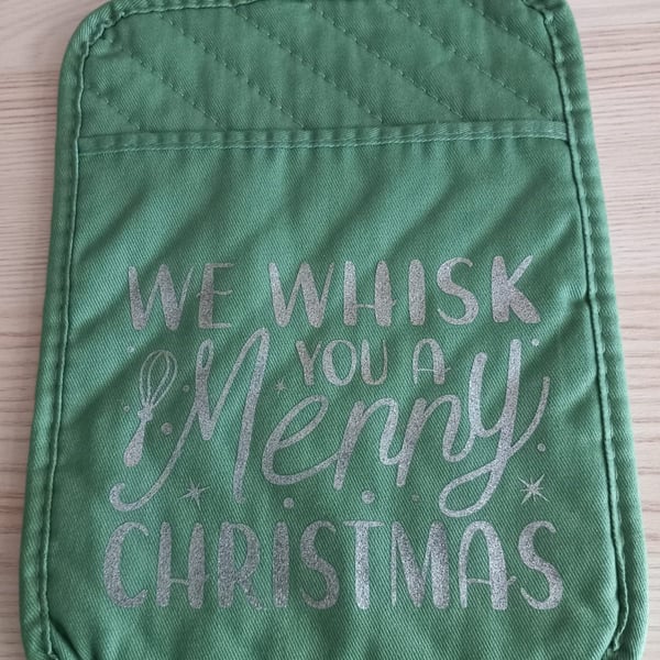 We Whisk You A Merry Christmas Pot Holder Oven Mitt Glove Silver Baking Gift 