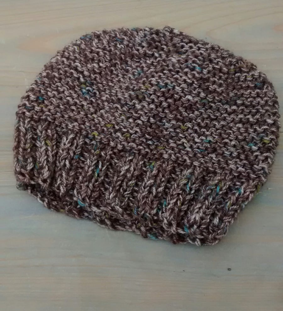 Knitted Beanie Hat in Brown Tweed Chunky