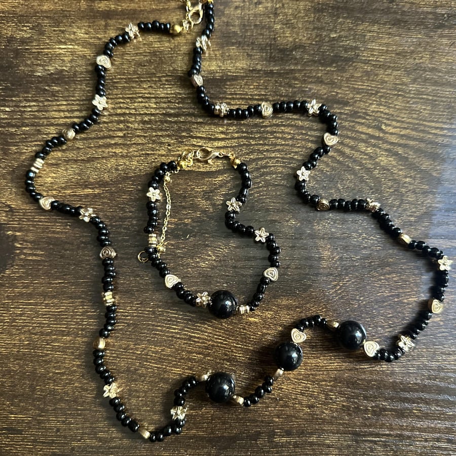 Handmade Necklace & Bracelet Set Black Agate Beads High Quality