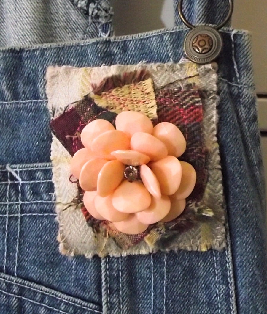 Peach rose and tartan brooch