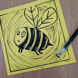 Bee Happy - lino print 20x20cm. Hand printed lino print. Artist's proof.