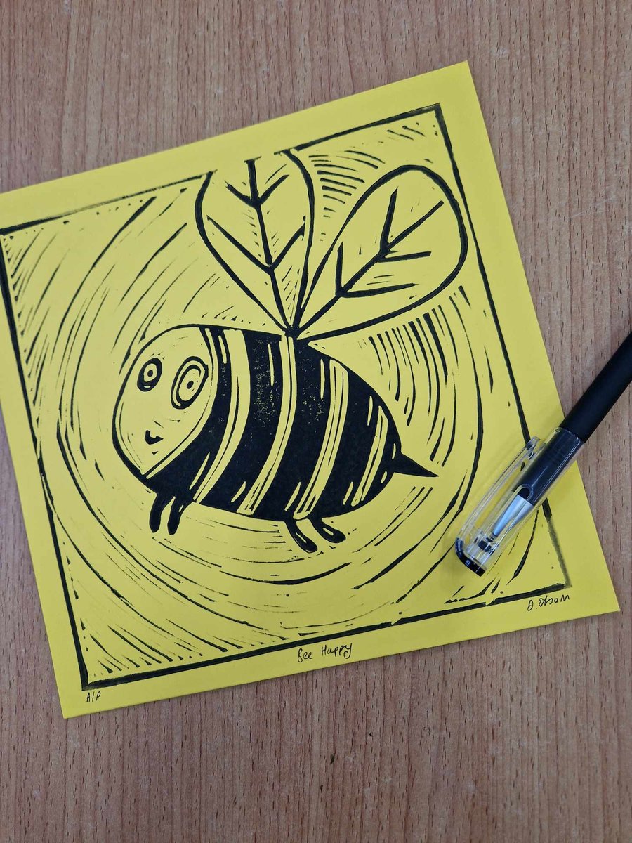 Bee Happy - lino print 20x20cm. Hand printed lino print. Artist's proof.