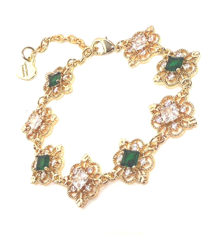 Emerald Green Crystal Gold Bracelet, Vintage Regency Fairycore Style
