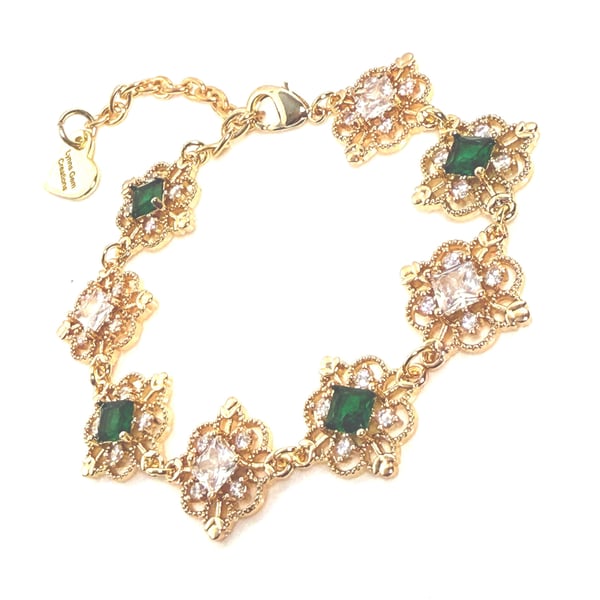 Emerald Green Crystal Gold Bracelet, Vintage Regency Fairycore Style