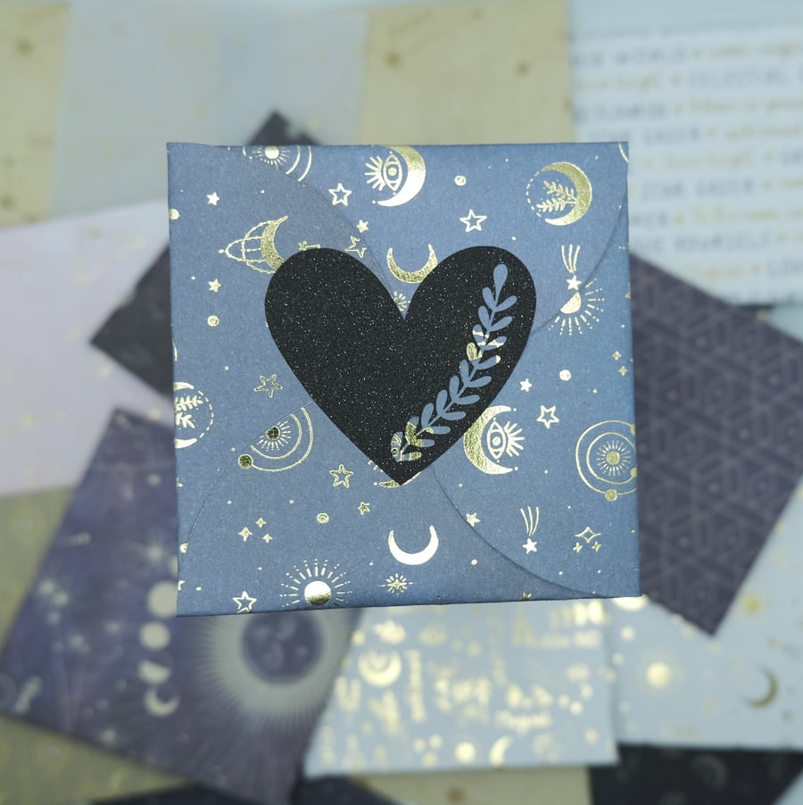 Set of 5 Celestial Themed Envelopes with Heart Seals