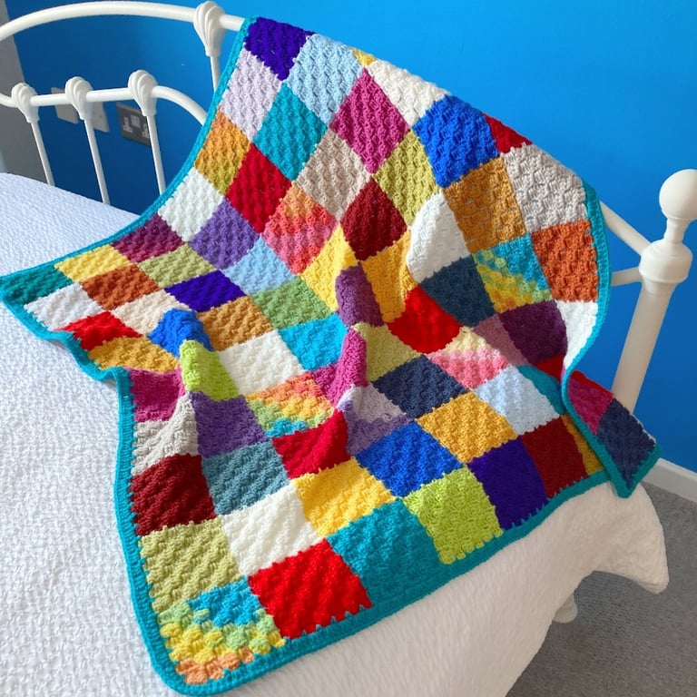 Rainbow Patchwork Crochet Baby Blanket with Turquoise Border Handmade