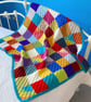 Rainbow Patchwork Crochet Baby Blanket with Turquoise Border Handmade