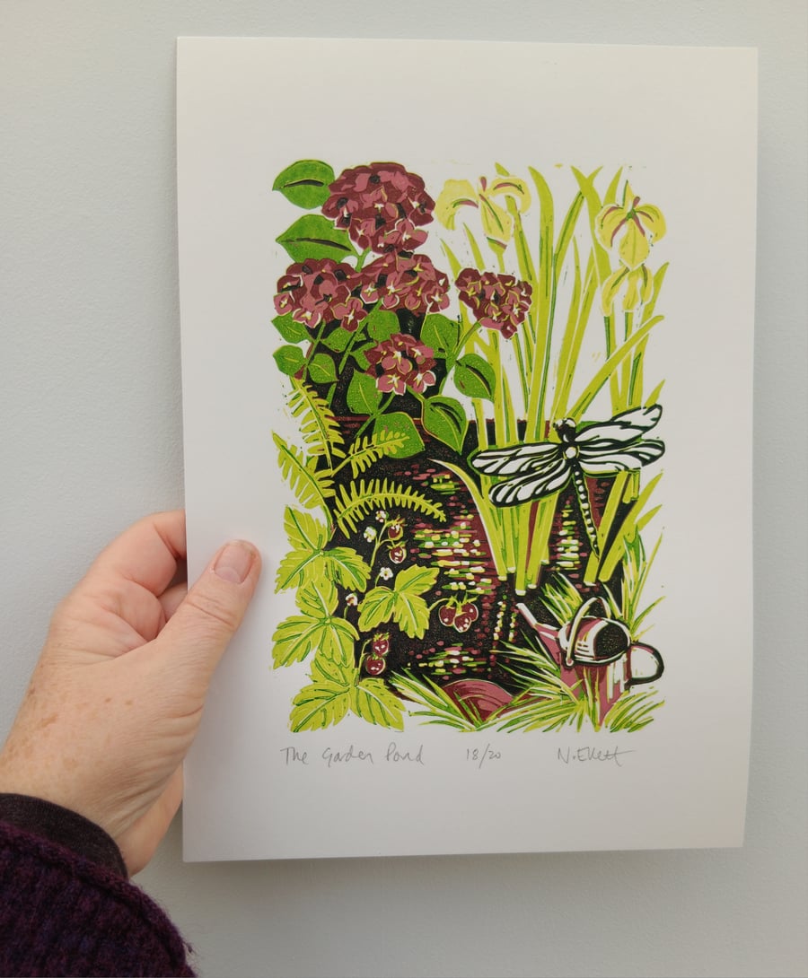 The Garden Pond' - linoprint