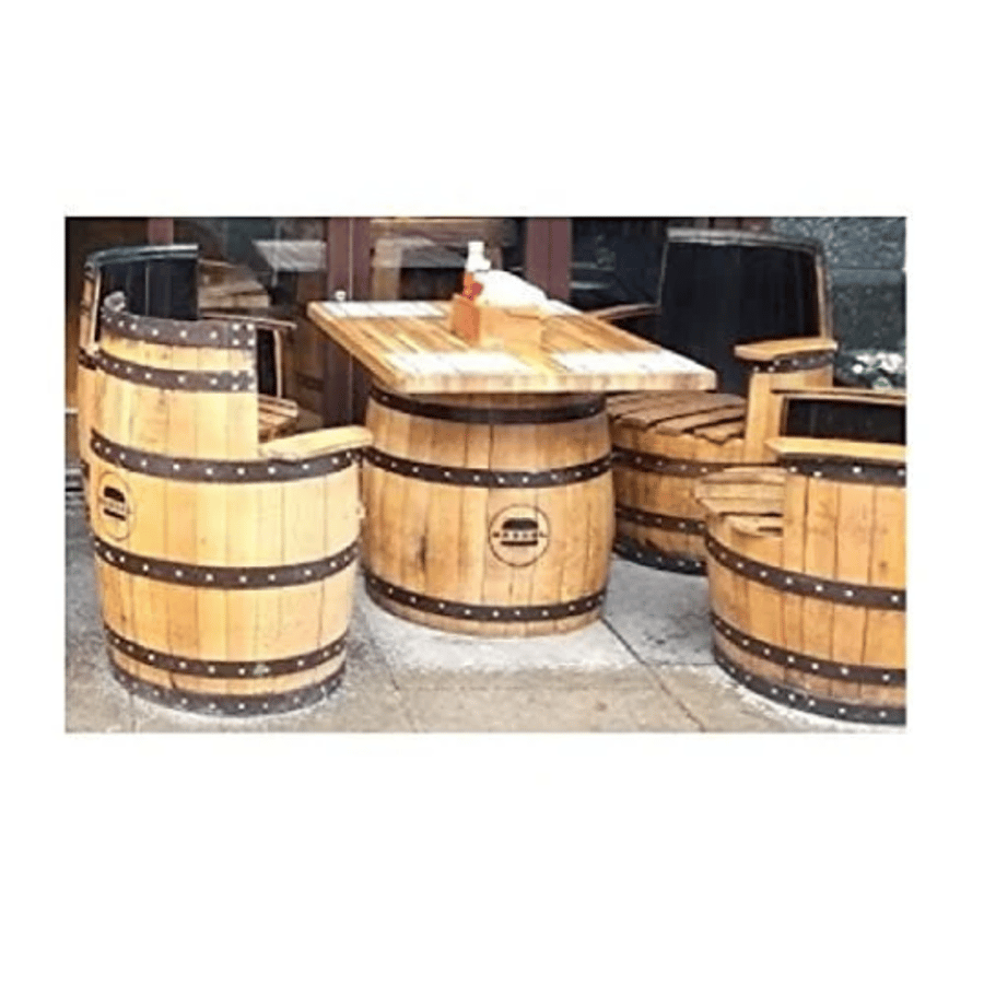 Recycled Solid Oak Barrel Table With 4 Barrel Chairs