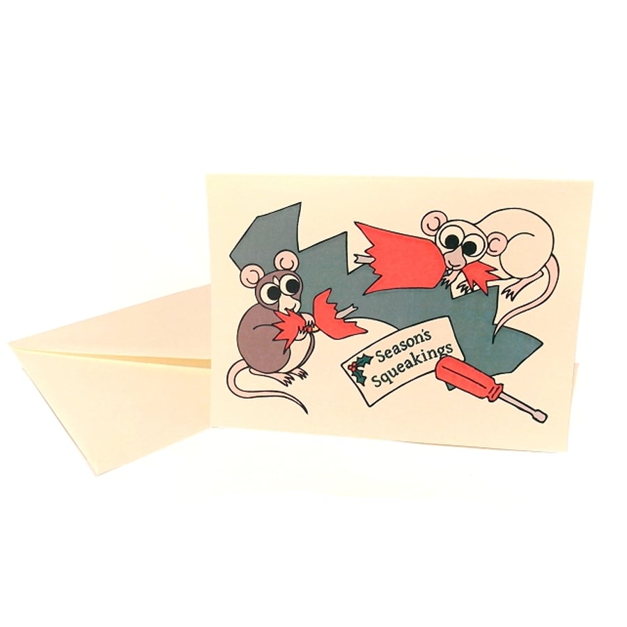 Season's Squeakings - cute Christmas card with cartoon rats (clearance)