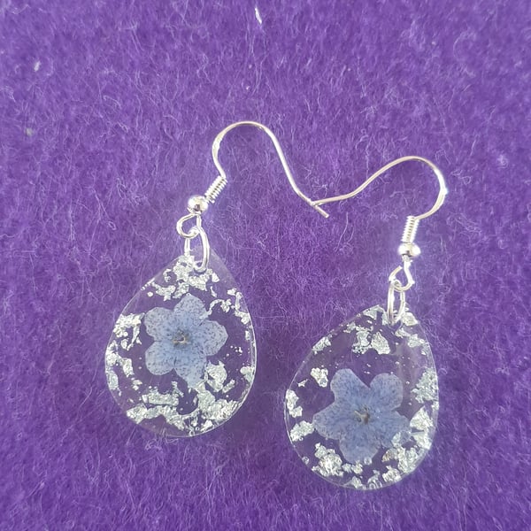 Teardrop blue forget me not resin earrings