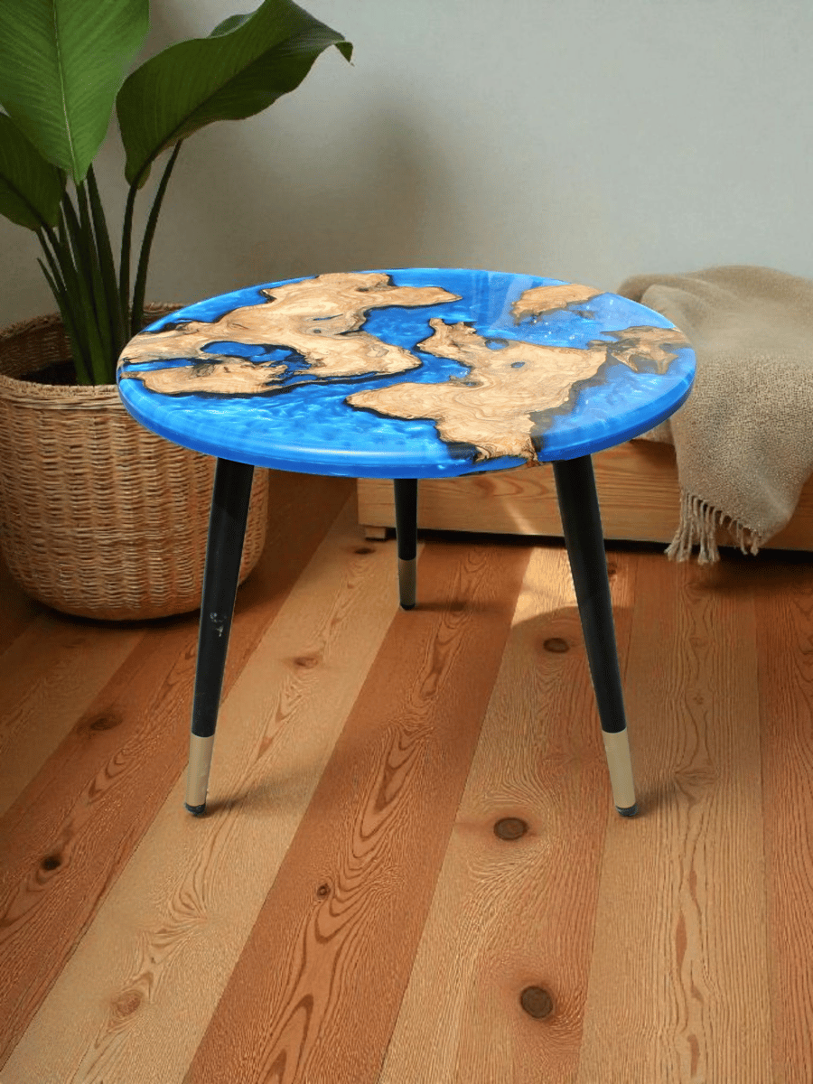 Round Olive Wood & Resin Coffee Table – Handmade Ocean Inspired Design