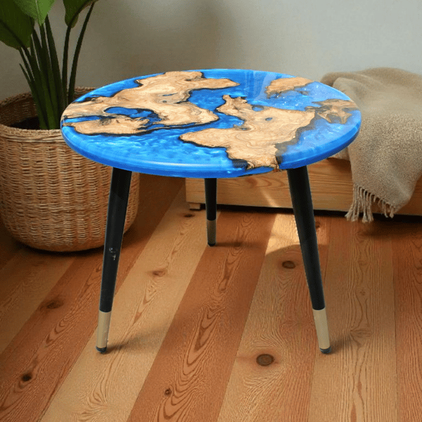 Round Olive Wood & Resin Coffee Table – Handmade Ocean Inspired Design