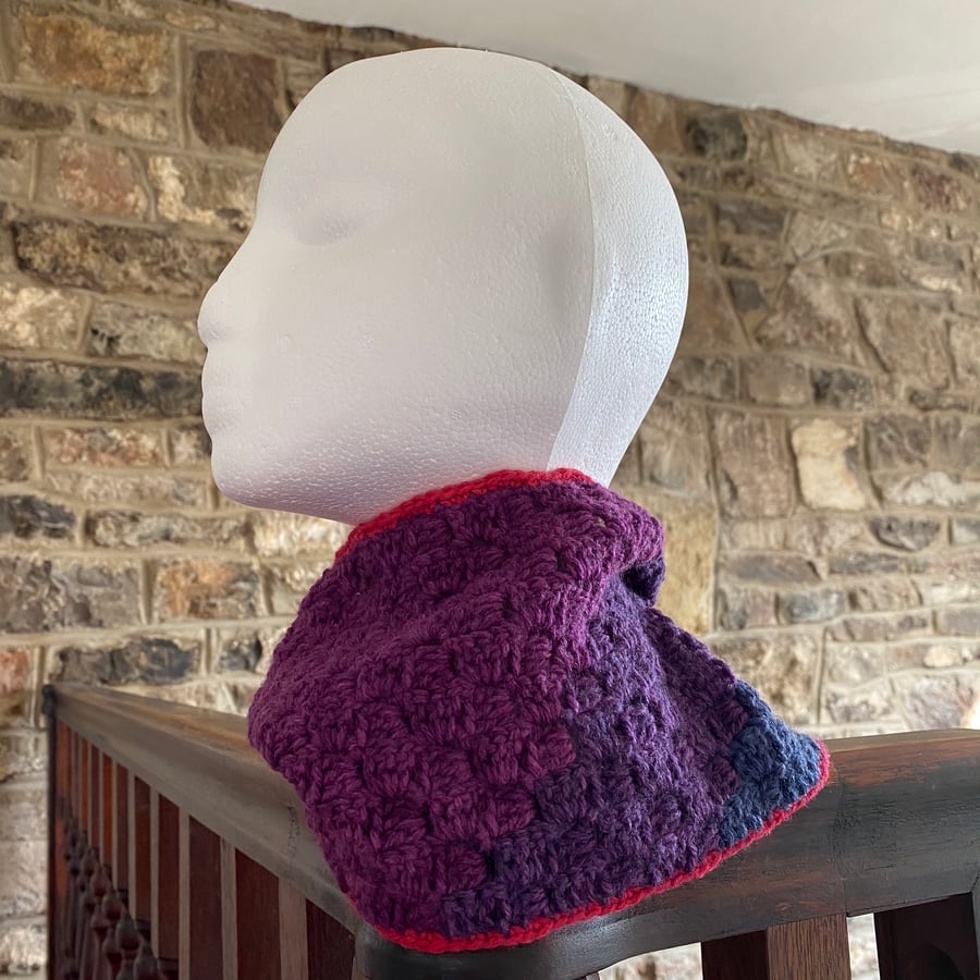 Women’s cowl, snood crocheted in pinks, purple & navy