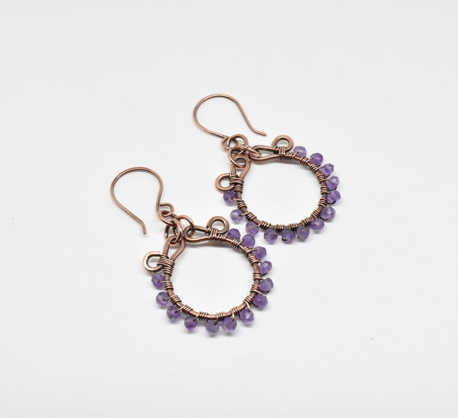 Faceted Amethyst and Copper Hoop Earrings