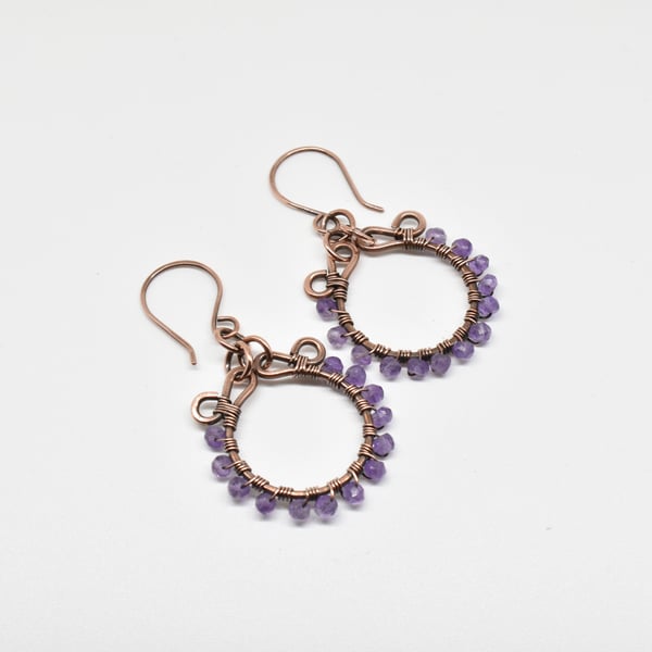 Faceted Amethyst and Copper Hoop Earrings