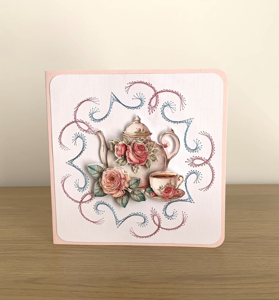 Handmade Decoupaged Gold Foiled Teapot & Roses Hand Embroidered Greeting Card