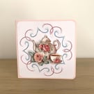 Handmade Decoupaged Gold Foiled Teapot & Roses Hand Embroidered Greeting Card