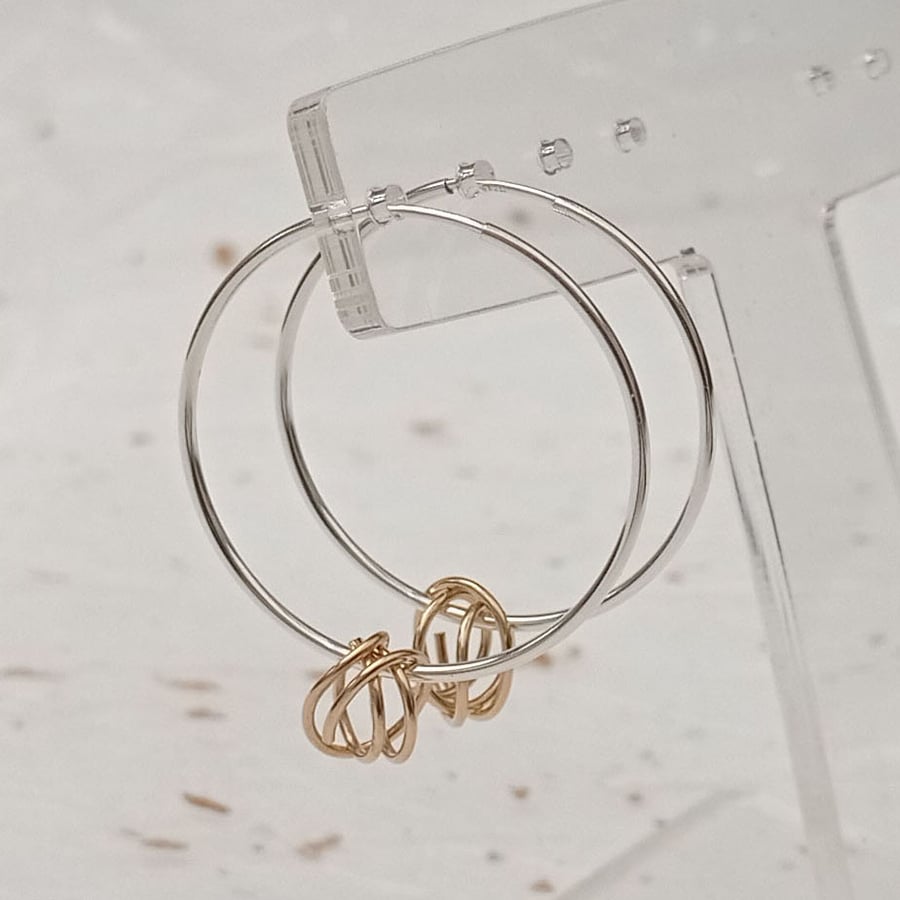 sterling silver round hoop & gold filled wire knot charm earrings