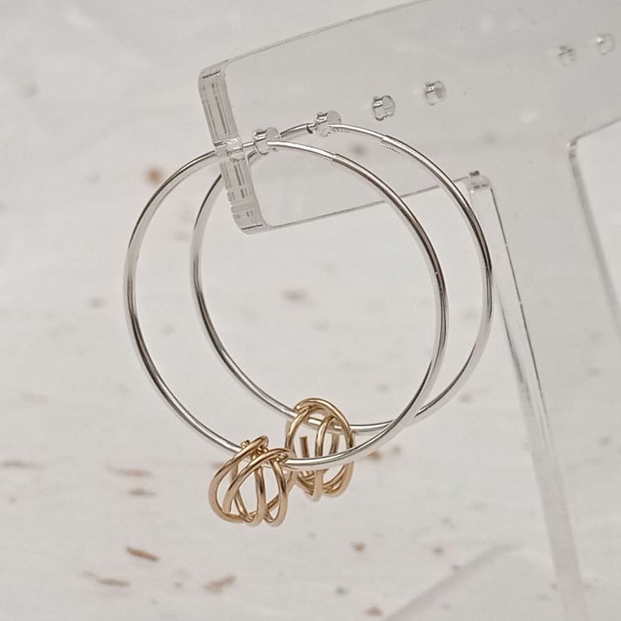 sterling silver round hoop & 14ct gold filled wire knot charm earrings