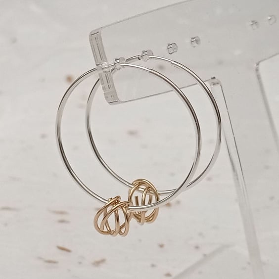 Sterling Silver Round Hoop & 14ct Gold Filled Wire Knot Charm Earrings