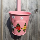 Round hanging planter handpainted with canal art style roses and daisies