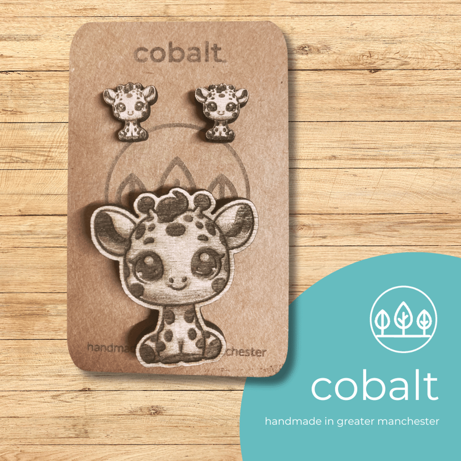 Wooden Handmade Earring and Pin Badge gift set  - Cute Baby Giraffe