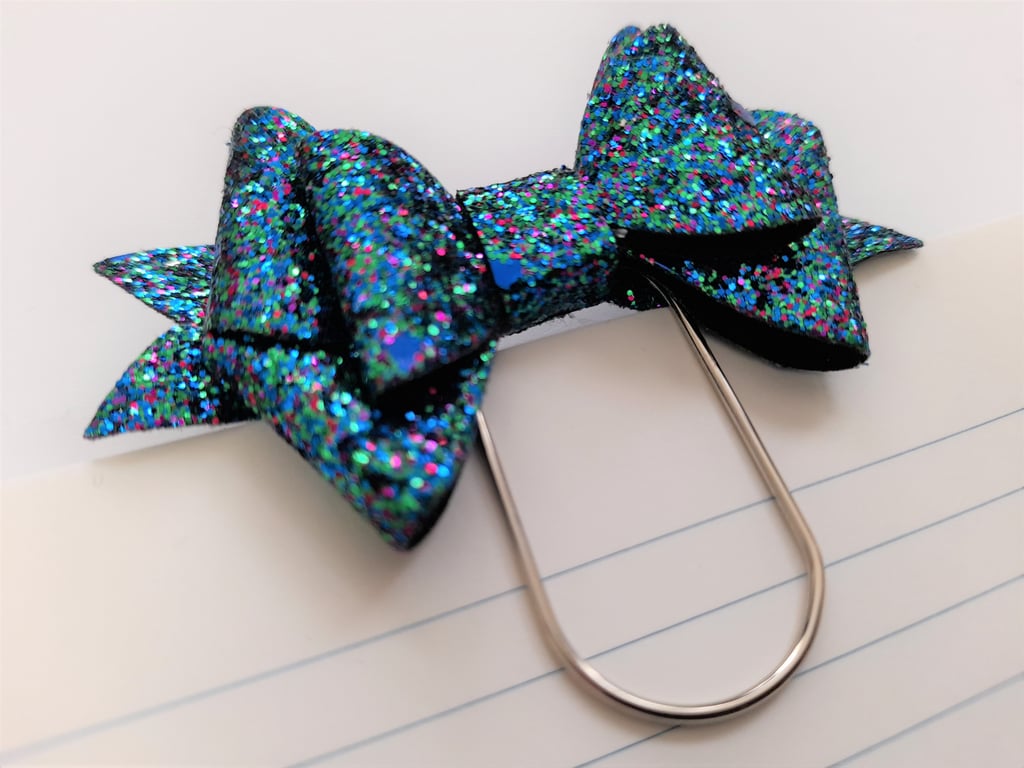 Blue & multi-colour glitter bow paperclip book mark planner accessory