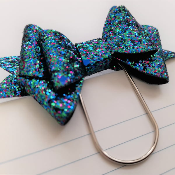 Blue & multi-colour glitter bow paperclip book mark planner accessory