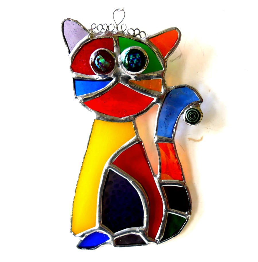 Cat Suncatcher Purple Tum Stained Glass Rainbow Picasso Patchwork 021