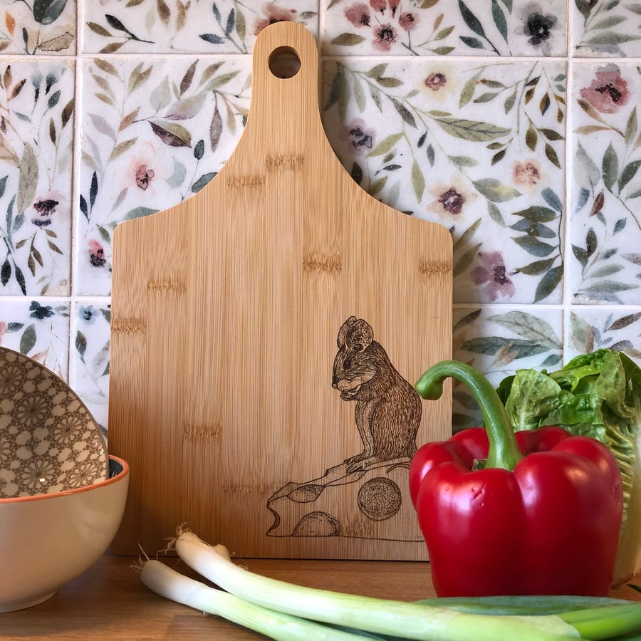 Bamboo wooden mouse & cheese chopping board laser engraved with original artwork