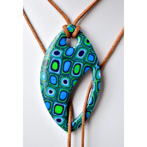 Tropical Dream Millefiori Style Blue & Green Polymer Clay Lariat Necklace