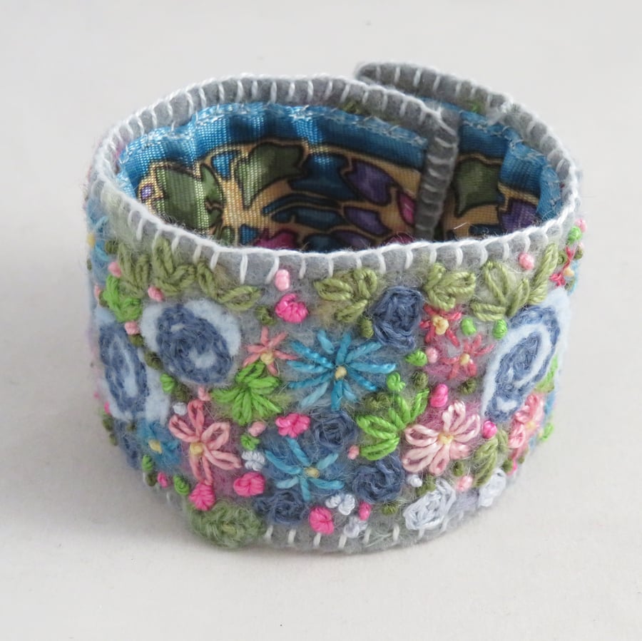 Embroidered and Felted Cuff - Blue Roses 