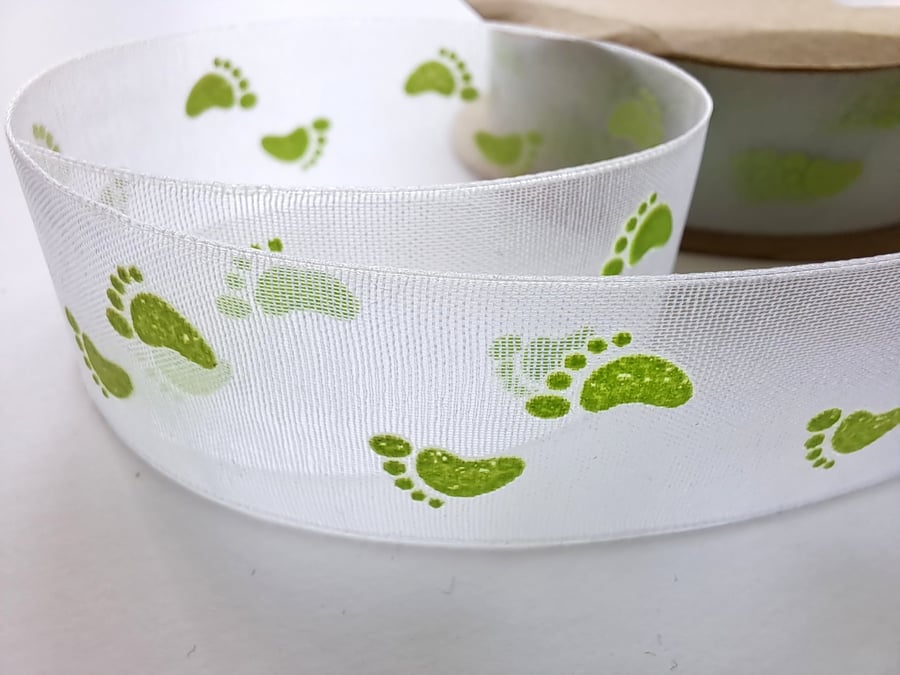 White and green footprint new baby organza ribbon, 3 metres, 22mm wide