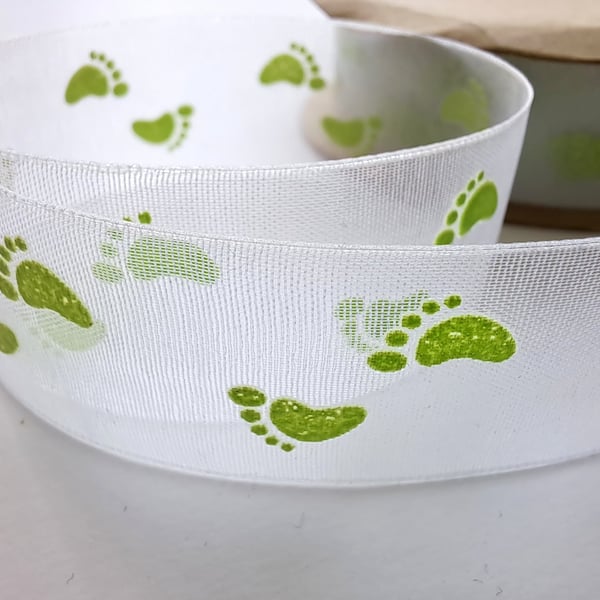 White and green footprint new baby organza ribbon, 3 metres, 22mm wide