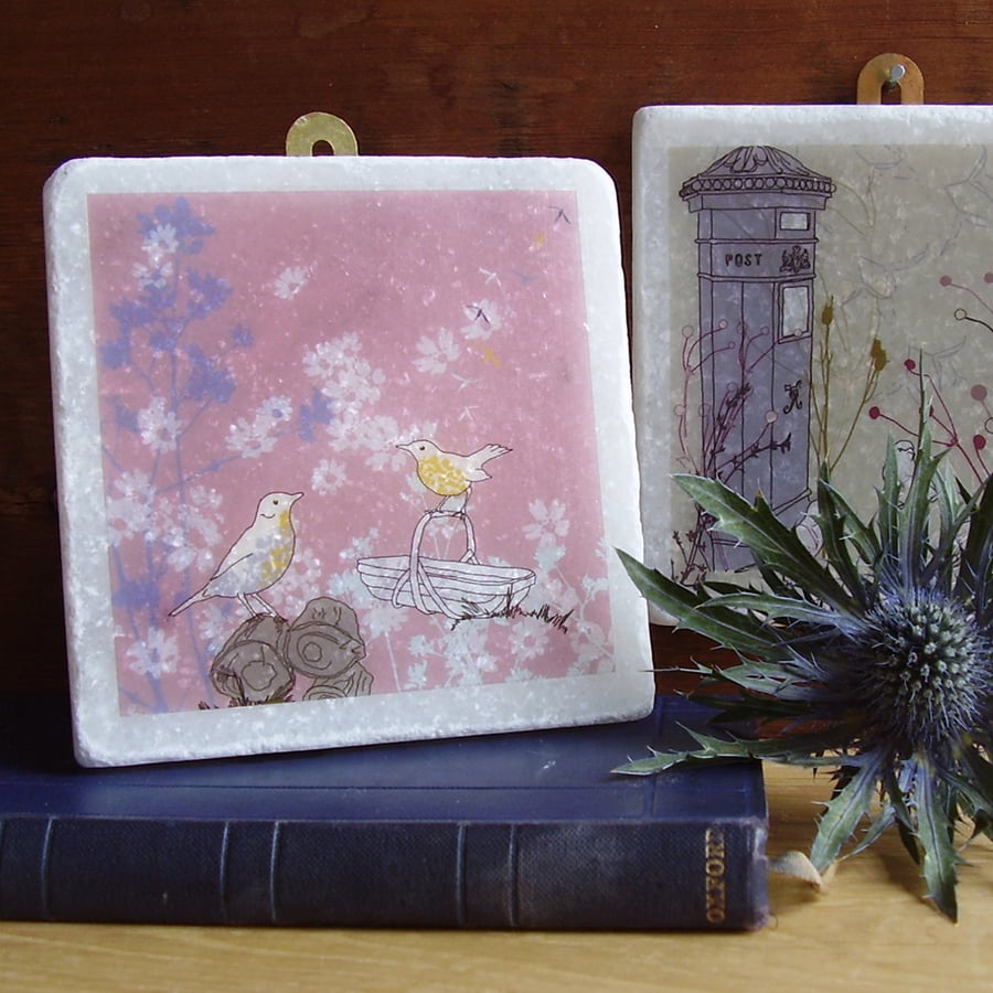 Songthrush and Trug Marble Wall Art