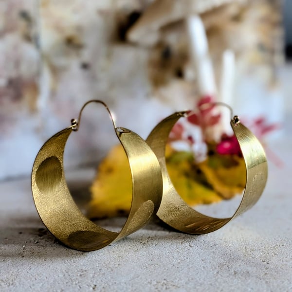 Gold-Filled & Brass Hoop Earrings; Textured Polka Dot Dangle Earrings