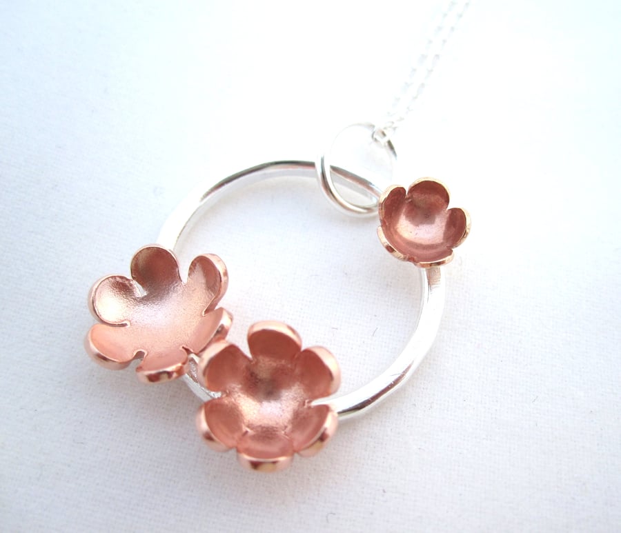 Silver and Little Copper Flower  Pendant Drop -  Design for Karen C