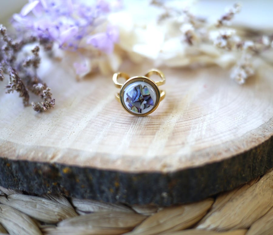 White Resin and Abalone Shell Gold Stainless Steel Ring