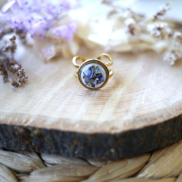 White Resin and Abalone Shell Gold Stainless Steel Ring