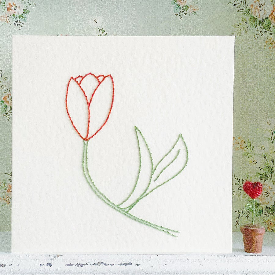 Tulip Card. Hand Sewn Card. Embroidered Card. Flower Card. Spring.