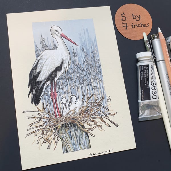 White stork on a nest with chicks, Original drawing, bird wall art