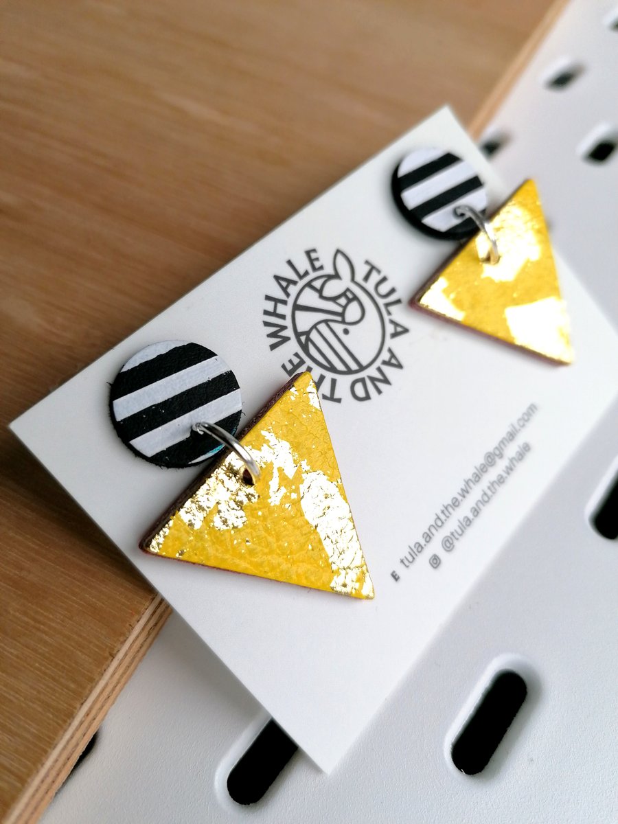 Monochrome Mountain Leather Earrings - Gold Leaf & Yellow