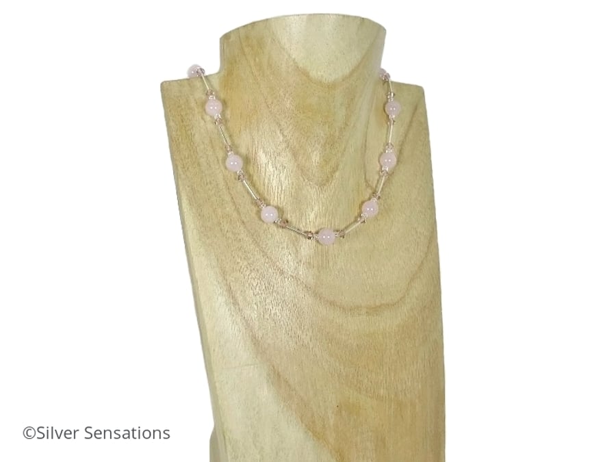 Baby Pink Rose Quartz, Swarovski Crystals & Sterling Silver Tubes Necklace