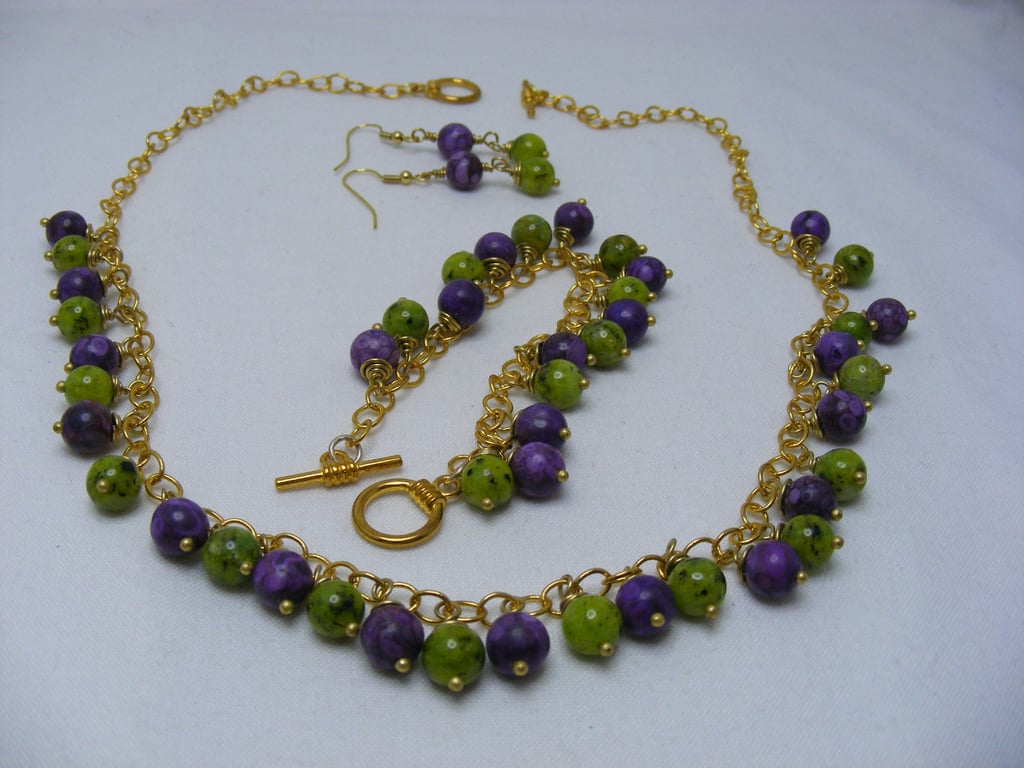 Purple Ocean Fossil and Green Dalmatian Jasper Jewellery Set.