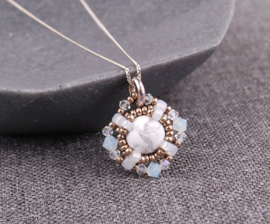 Beaded gemstone and crystal necklace with white howlite, Sterling silver chain