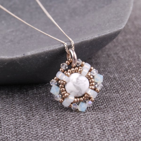 Beaded gemstone and crystal necklace with white howlite, Sterling silver chain