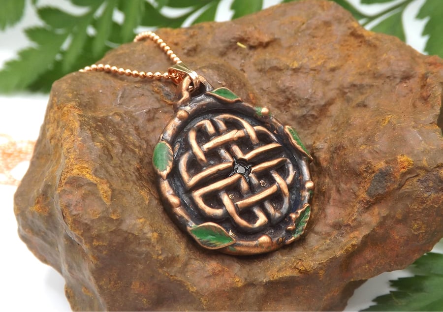 Copper Celtic Shield Knot Pendant Necklace with Tsavorite Garnet Gemstone.